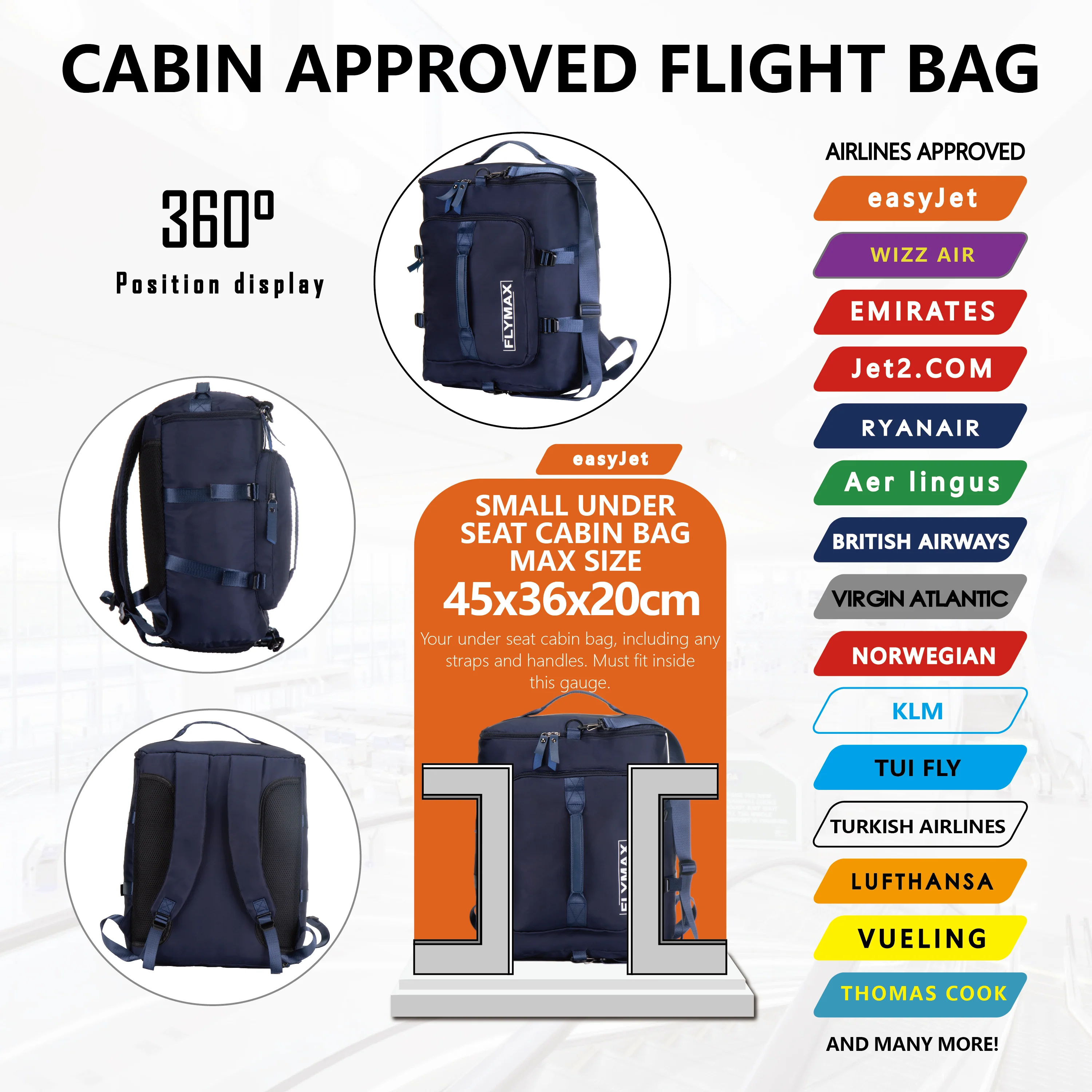 FLYMAX 45x36x20 EasyJet Cabin Bag Underseat Carry on Hand Luggage Flight Backpack - Image 11