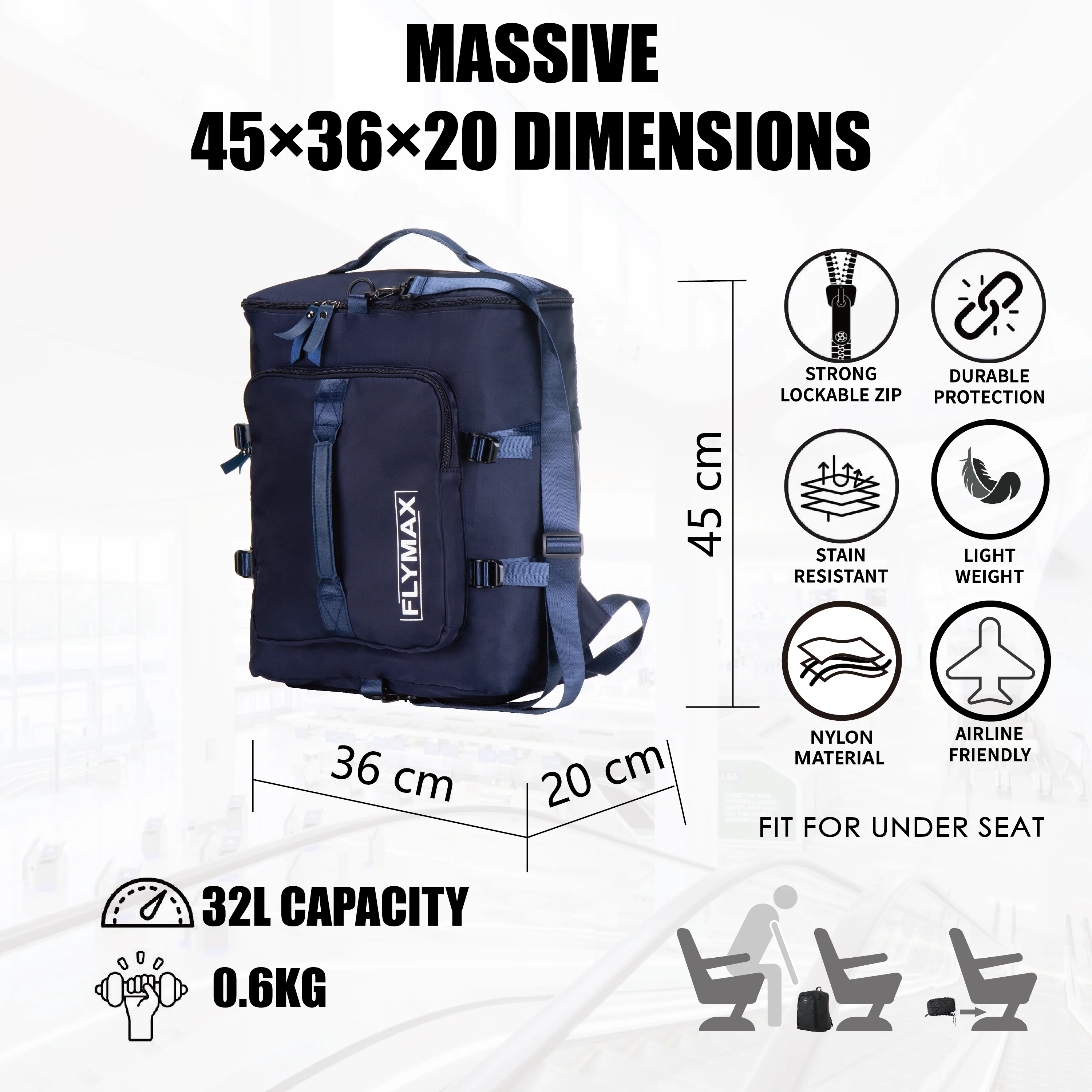 FLYMAX 45x36x20 EasyJet Cabin Bag Underseat Carry on Hand Luggage Flight Backpack - Image 3